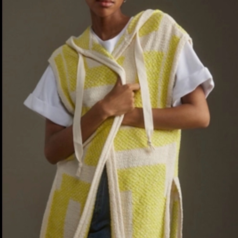 Anthropologie Yellow and Cream Hooded Knit Vest with Tie Details